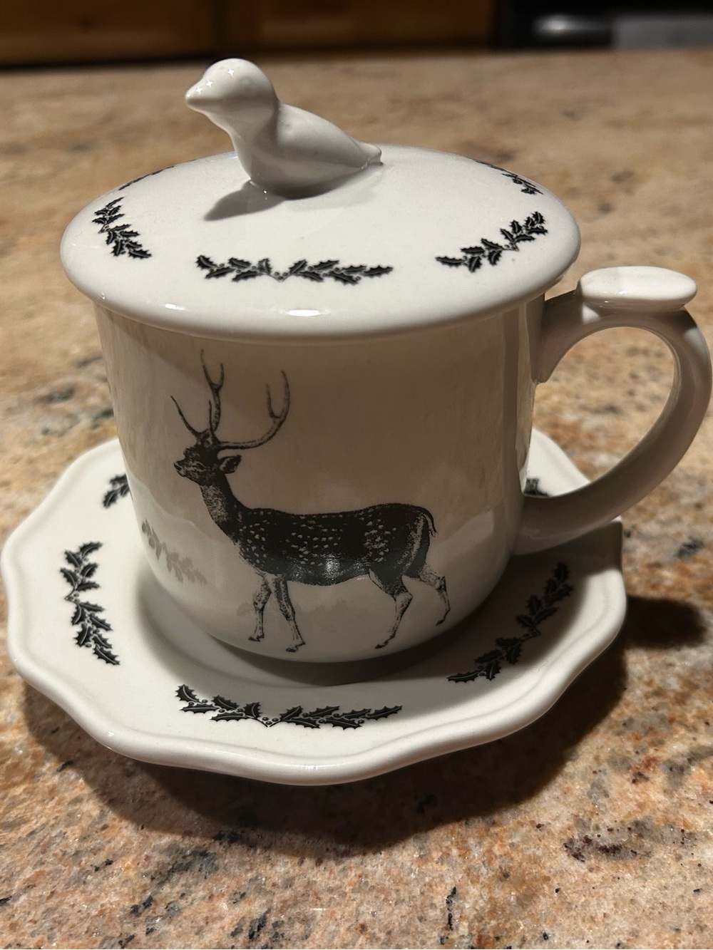 3 piece set “Red Stag Deer” Stoneware Tea Cup w/Lid and Saucer Off White & Black